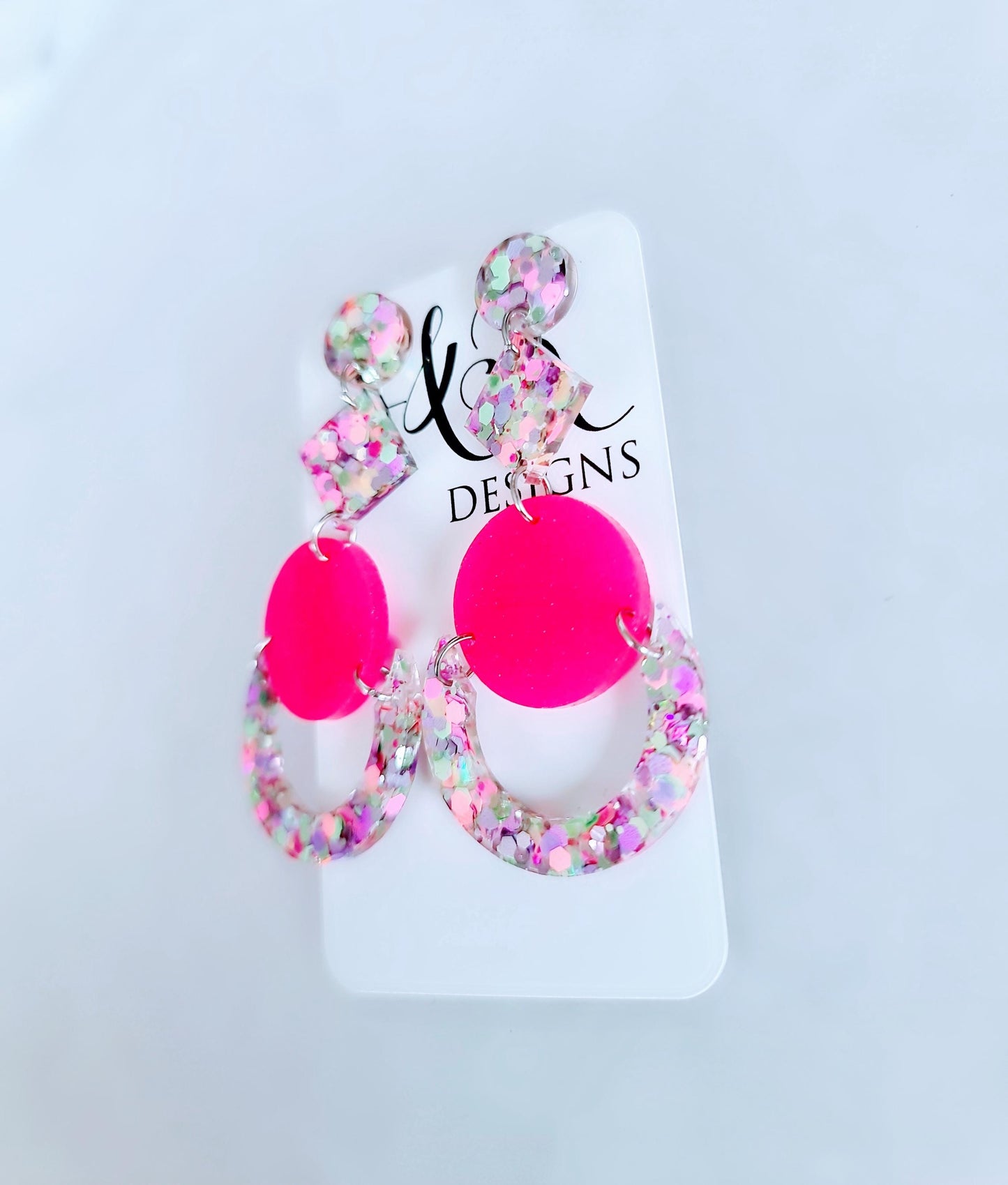 Multicoloured Pink Oversized Long Earrings, Glitter Extra Super Long Circle Geometric Maximalist Dangles, Statement Earrings