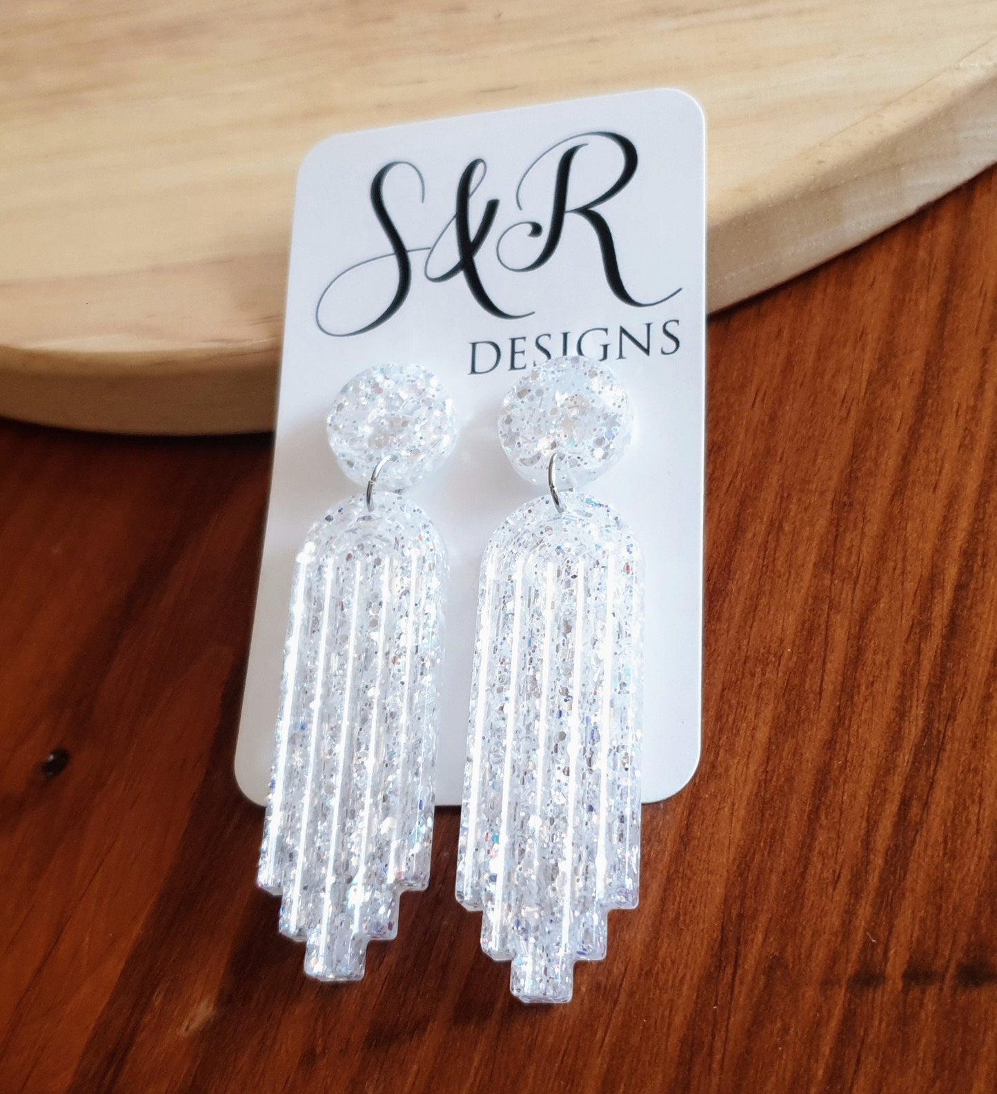 White Mirror Long Rectangle Dangle Drop Earrings, Statement Handmade Resin Gift, Maximalist Stainless Steel Dangles.