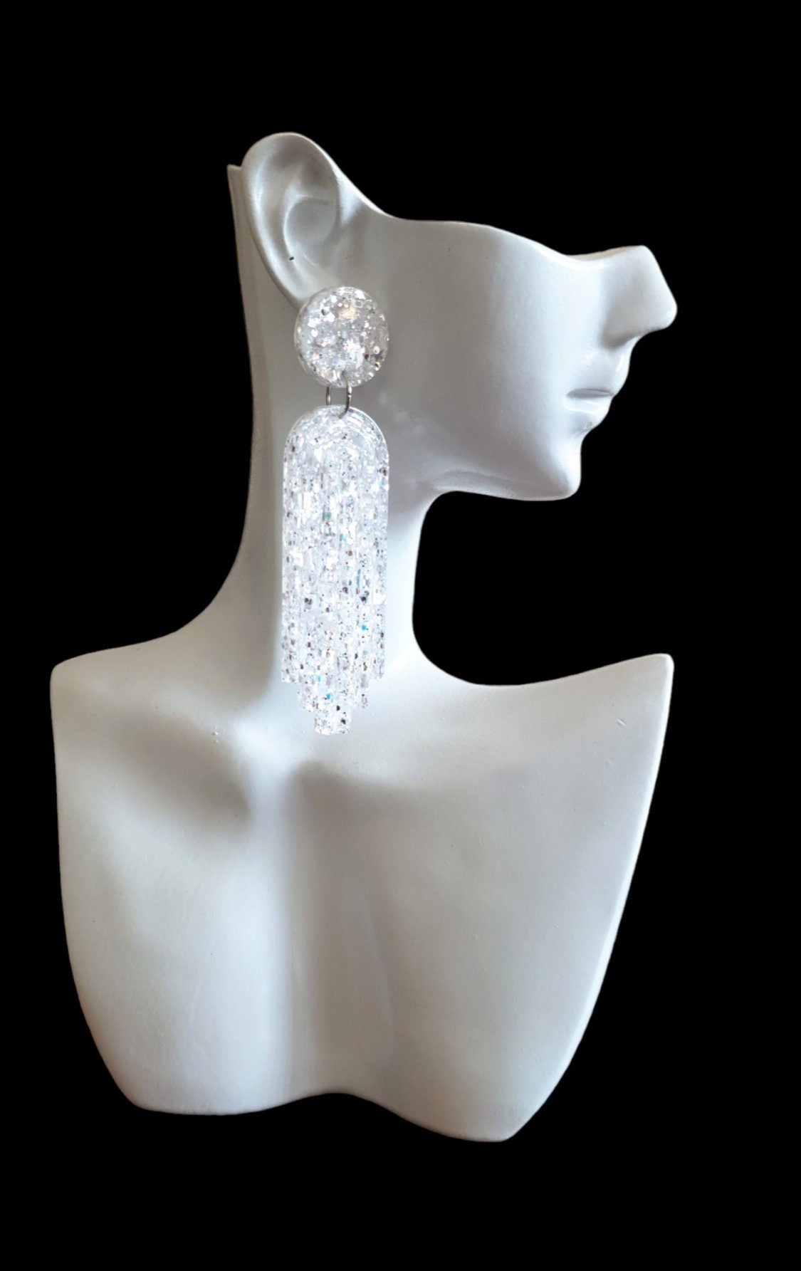 White Mirror Long Rectangle Dangle Drop Earrings, Statement Handmade Resin Gift, Maximalist Stainless Steel Dangles.