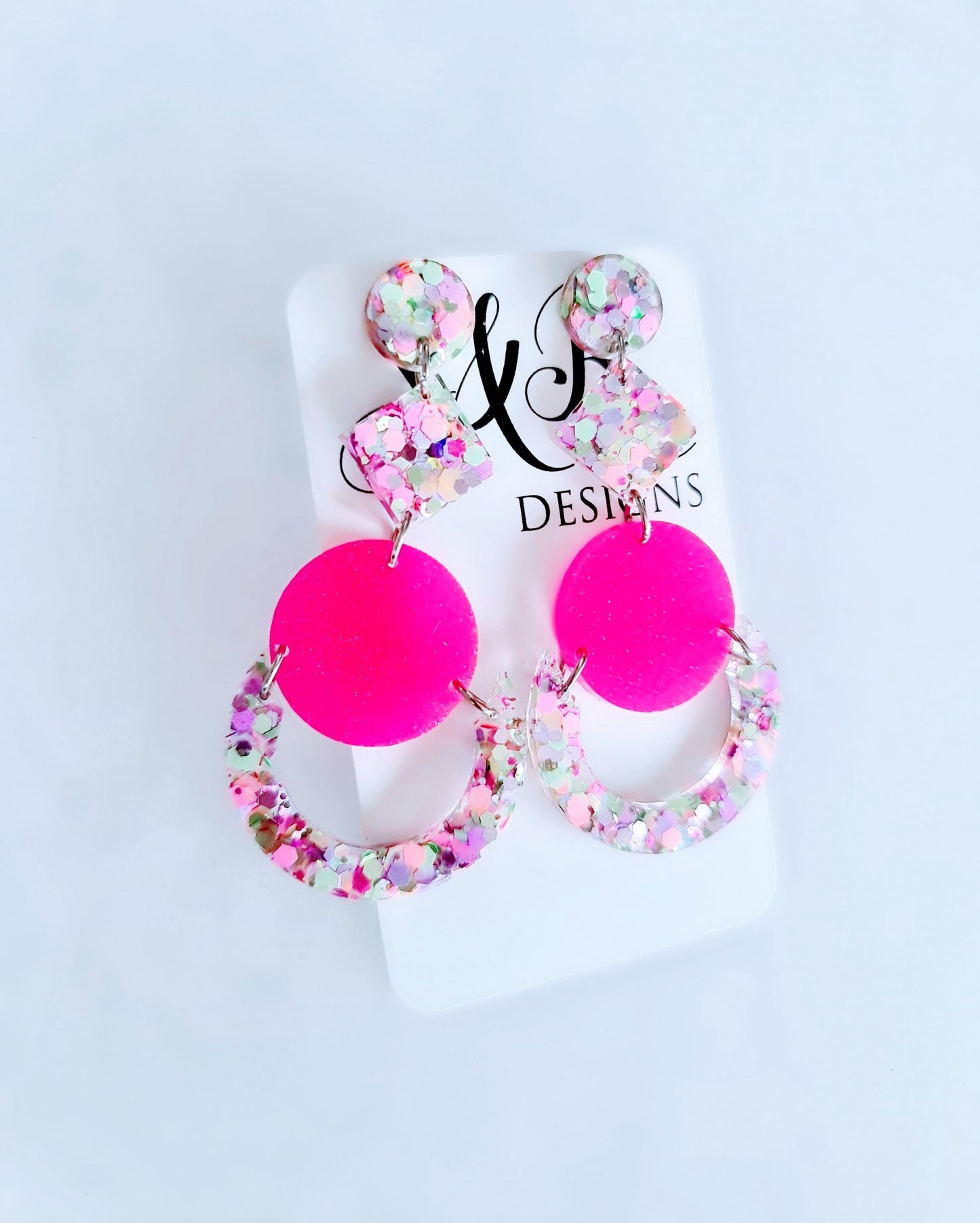 Multicoloured Pink Oversized Long Earrings, Glitter Extra Super Long Circle Geometric Maximalist Dangles, Statement Earrings