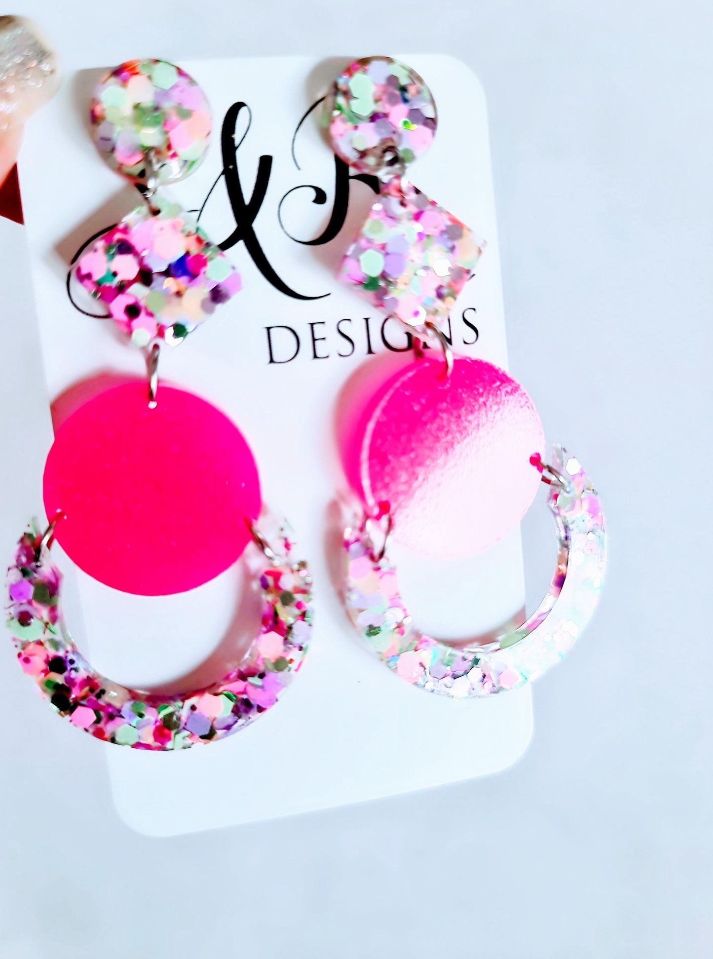 Multicoloured Pink Oversized Long Earrings, Glitter Extra Super Long Circle Geometric Maximalist Dangles, Statement Earrings