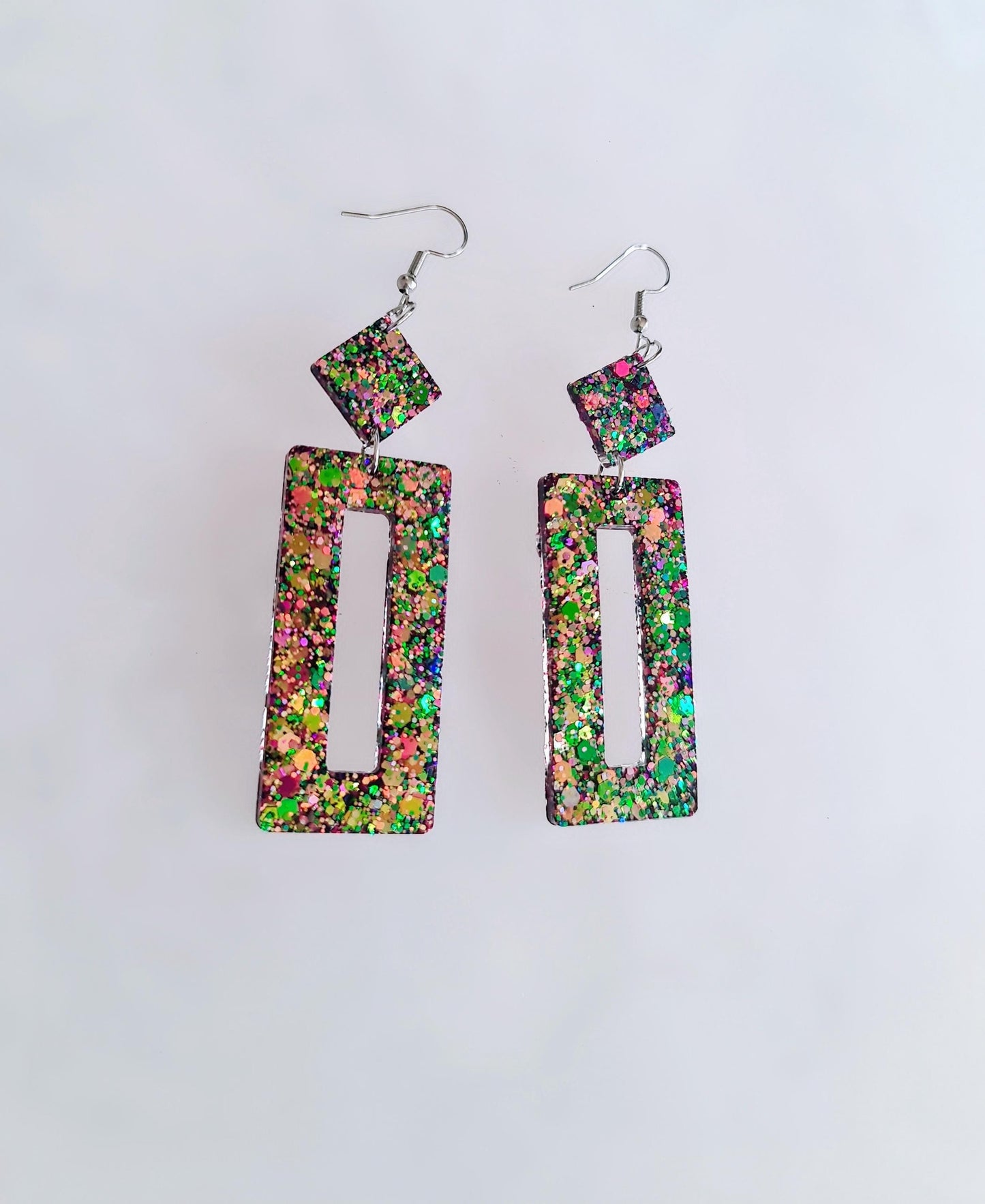 Glamour Chameleon Colour Changing Rectangle Long Dangle Earrings, Changes Green Gold to Pink Purple Glitter Resin Dangle Statement Earrings