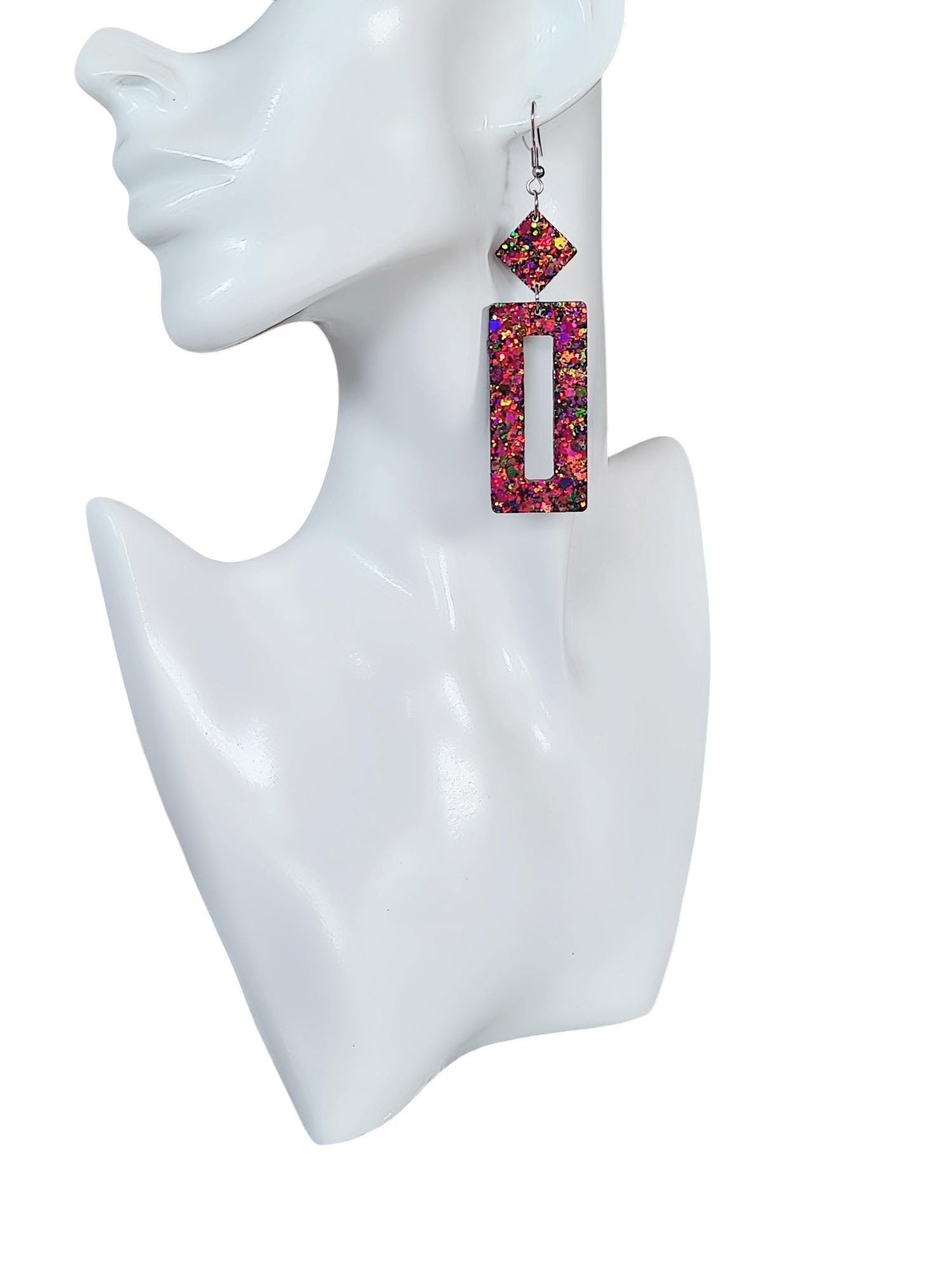 Glamour Chameleon Colour Changing Rectangle Long Dangle Earrings, Changes Green Gold to Pink Purple Glitter Resin Dangle Statement Earrings