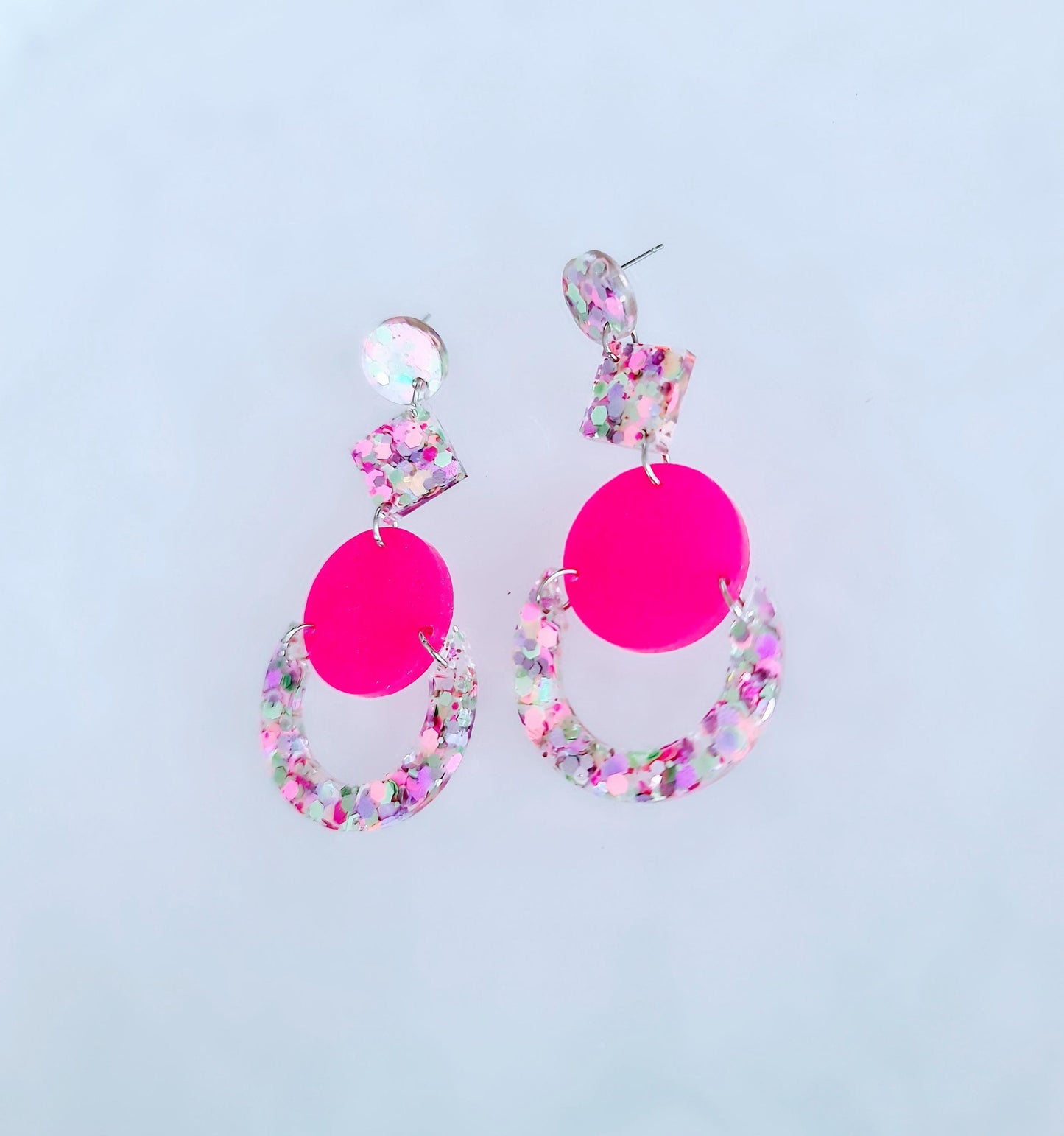 Multicoloured Pink Oversized Long Earrings, Glitter Extra Super Long Circle Geometric Maximalist Dangles, Statement Earrings
