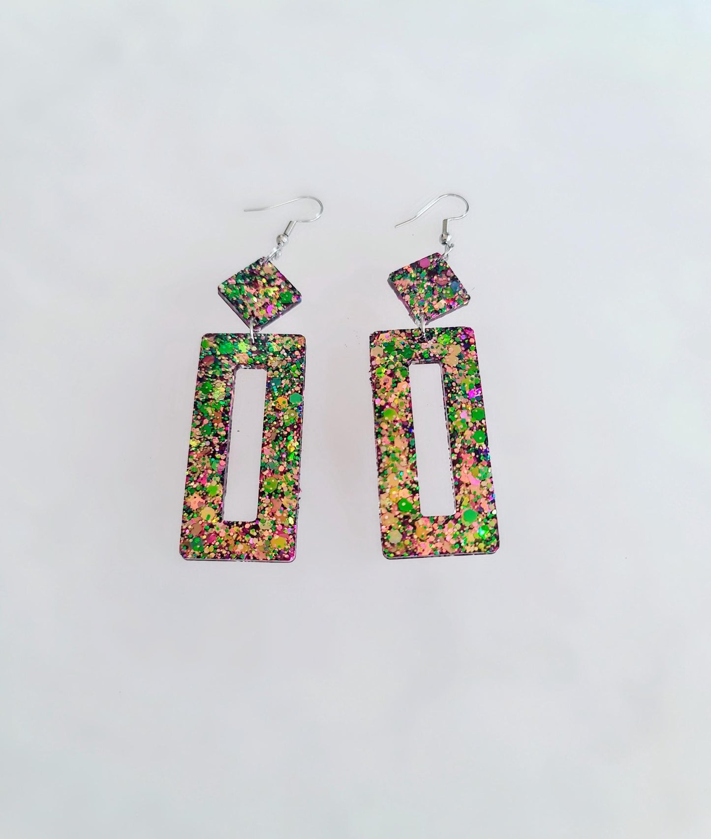 Glamour Chameleon Colour Changing Rectangle Long Dangle Earrings, Changes Green Gold to Pink Purple Glitter Resin Dangle Statement Earrings