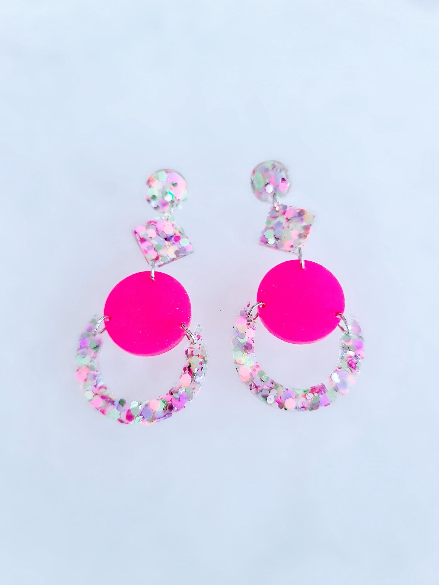 Multicoloured Pink Oversized Long Earrings, Glitter Extra Super Long Circle Geometric Maximalist Dangles, Statement Earrings