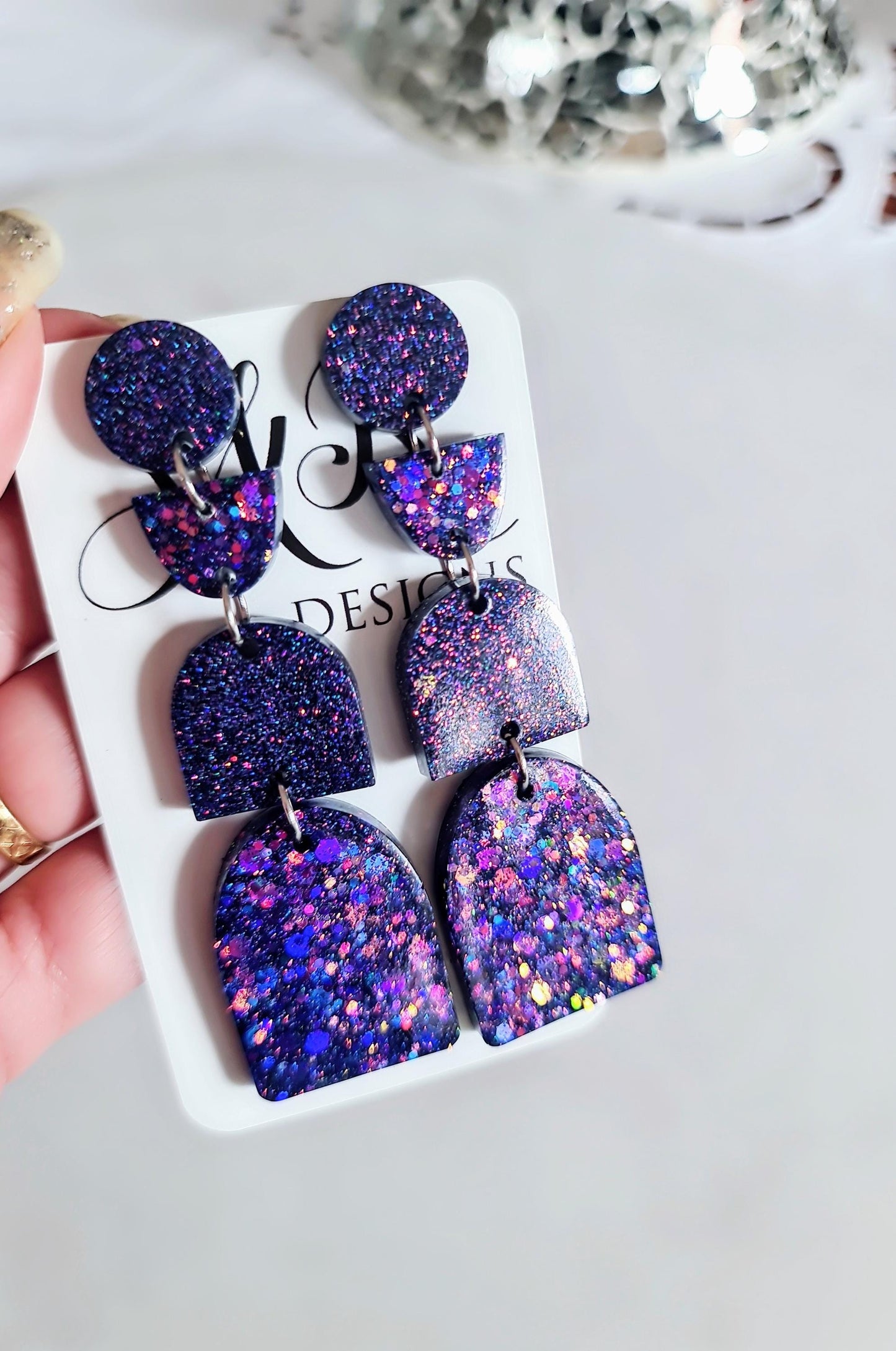 Multi Deep Purple Arch Dangle Earrings, Statement Earrings, Purple Glitter Dangle Stud Earrings