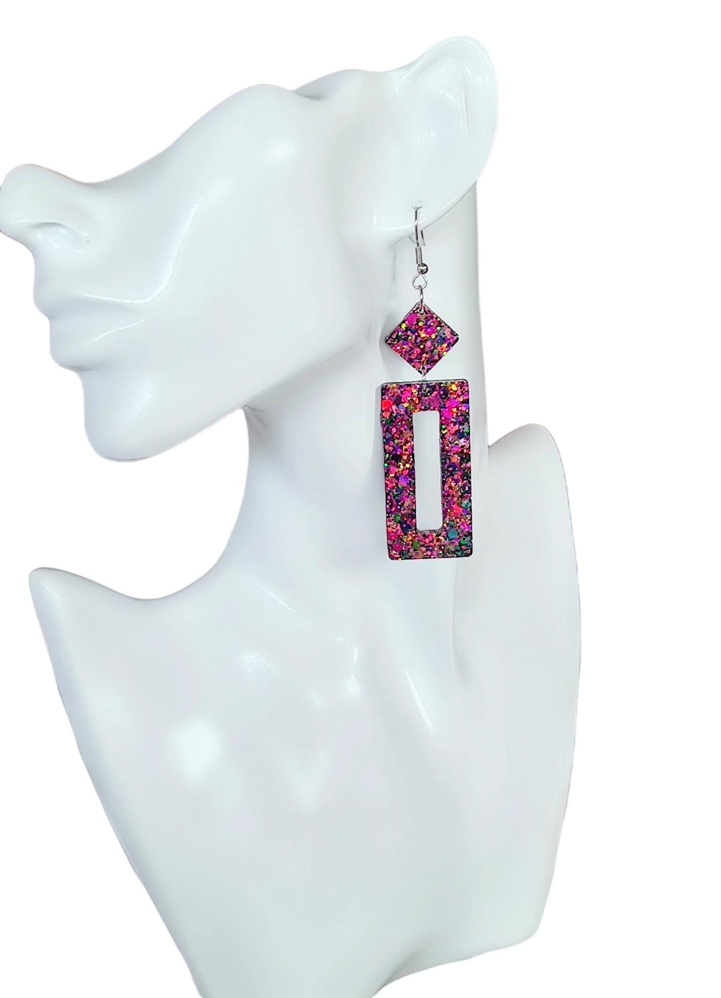 Glamour Chameleon Colour Changing Rectangle Long Dangle Earrings, Changes Green Gold to Pink Purple Glitter Resin Dangle Statement Earrings