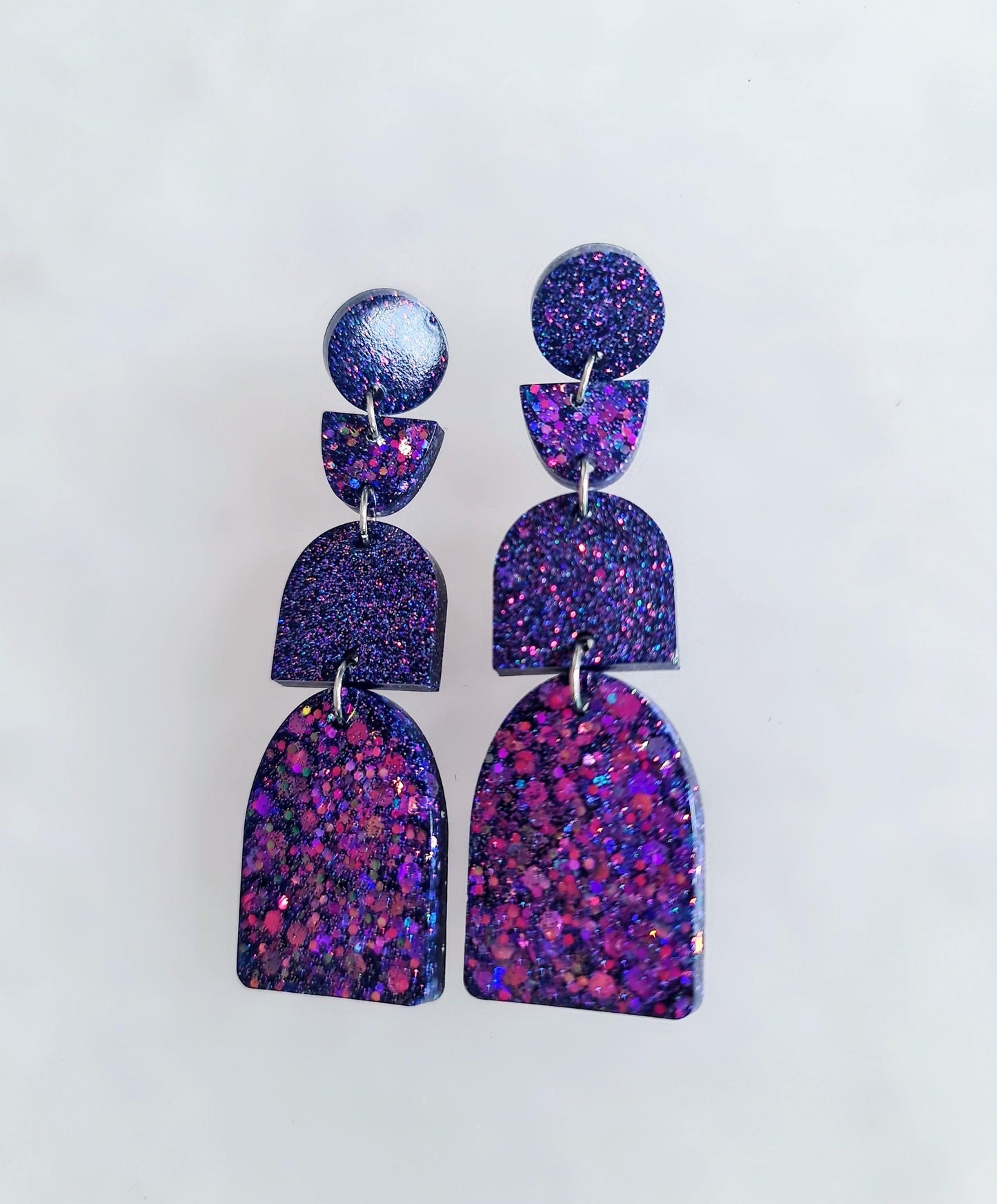 Multi Deep Purple Arch Dangle Earrings, Statement Earrings, Purple Glitter Dangle Stud Earrings