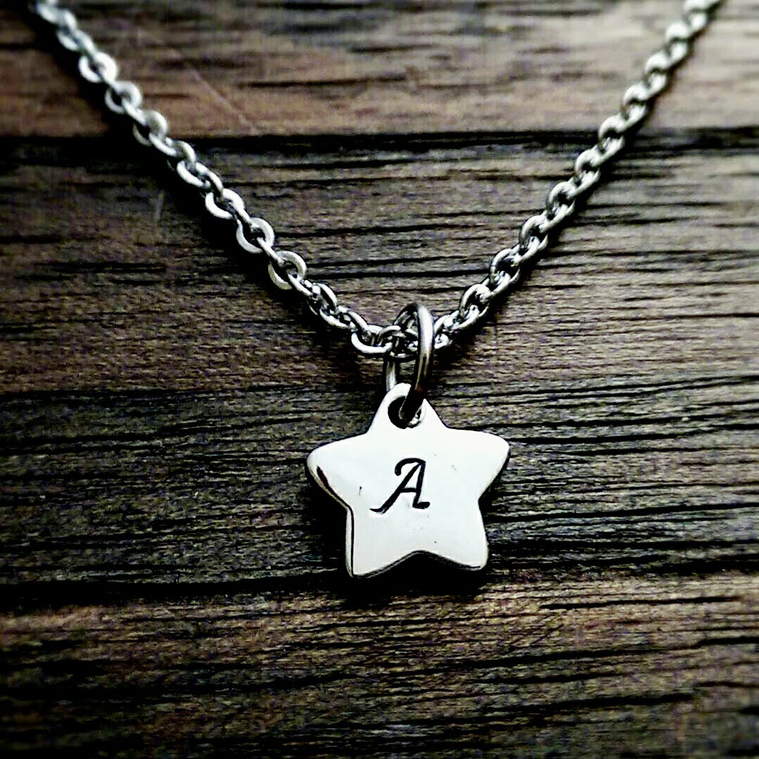 Hand Stamped Star Initial Necklace: Personalized Stainless Steel Pendant