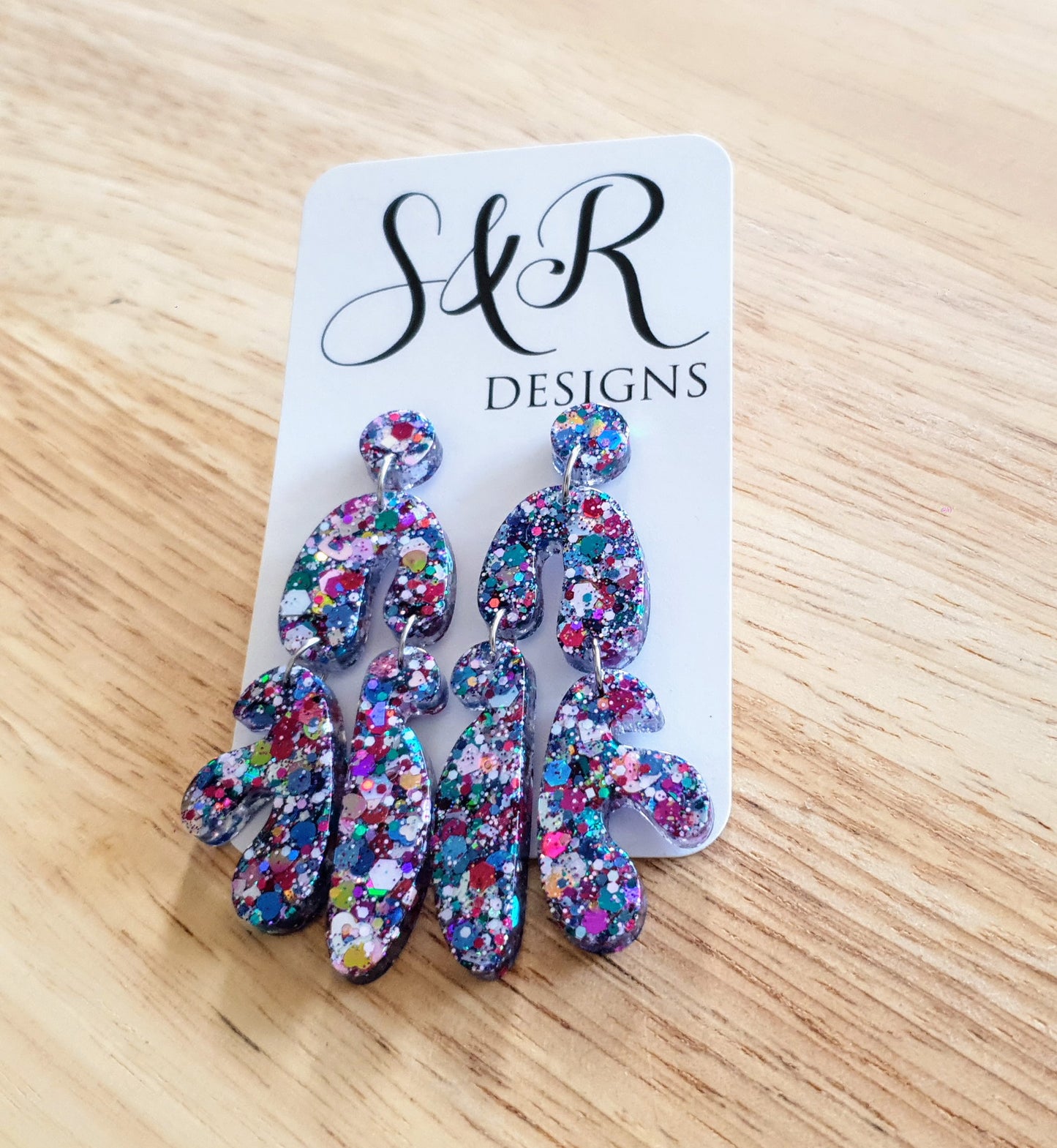Unique Multicoloured Multi Shape Dangle Drop Earrings, Blue Red Pink White Teal Yellow Mix Glitter, Statement Handmade Resin Earrings