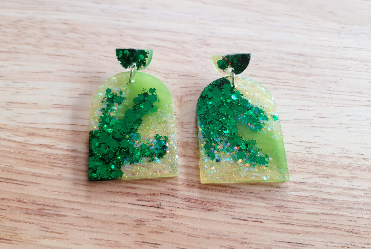 Emerald Green Lime Glitter Arch Earrings, Metalic Green With Holographic Fine Glitter Handmade Resin Dangles, Statement Earrings