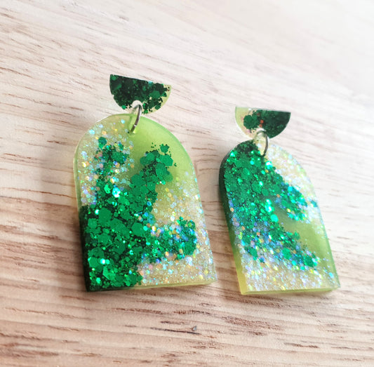 Emerald Green Lime Glitter Arch Earrings, Metalic Green With Holographic Fine Glitter Handmade Resin Dangles, Statement Earrings