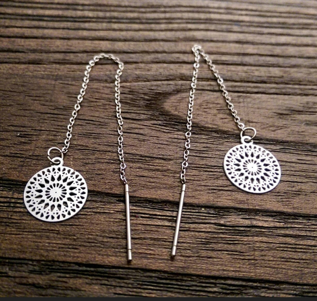 Circle Threaders, Filigree Gold Stainless Steel, Dangle Thread Earrings, Gold Thread Earrings.