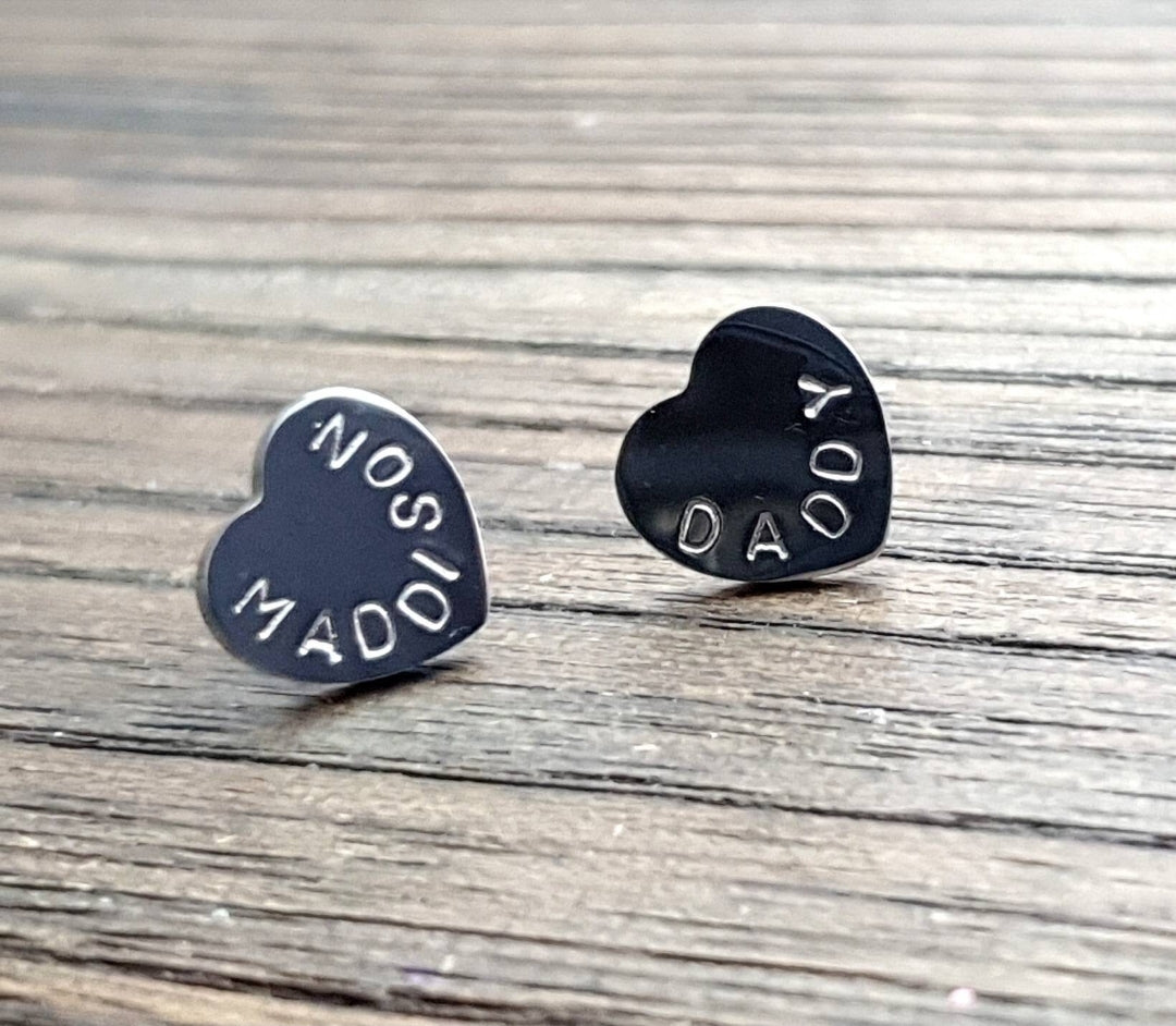 Personalised Heart Stud Earrings, Hand Stamped Stud Earrings Choose Silver, Gold Rose Gold 10mm