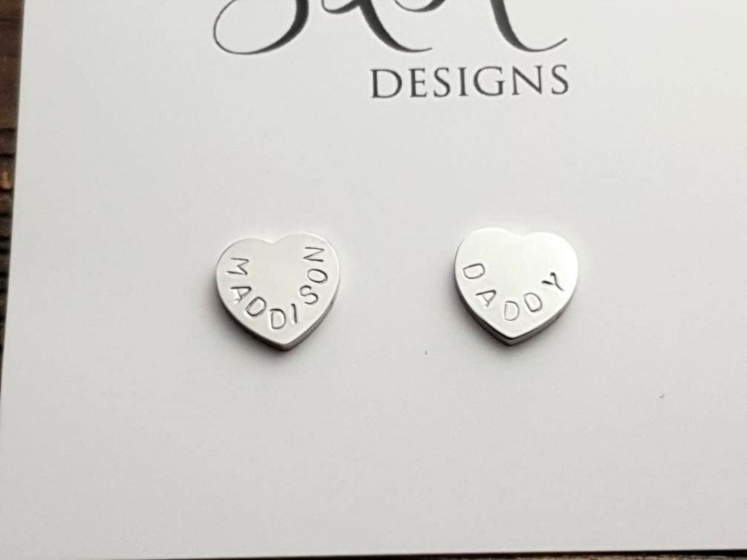 Personalised Heart Stud Earrings, Hand Stamped Stud Earrings Choose Silver, Gold Rose Gold 10mm