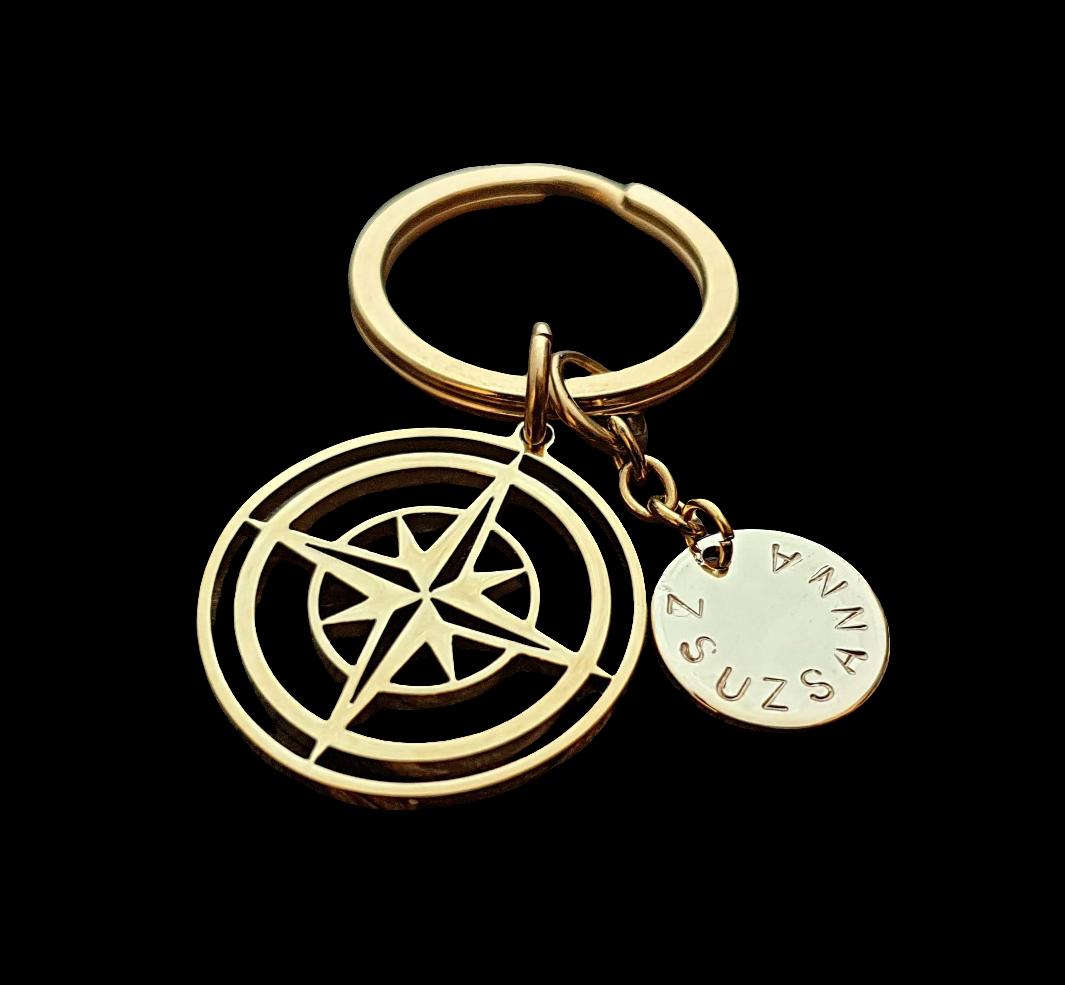 Personalised Hand Stamped Compass Key Ring Stainless Steel, Fathers Day Gift, Journey Gift