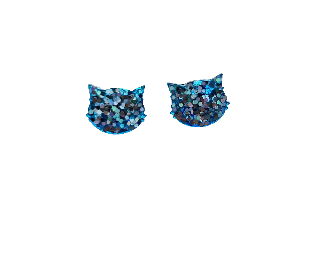 Cat Earrings, Cat Resin Stud Earrings, Blue Holographic Glitter Earrings, Cat Glitter Earrings made with Stainless Steel. Handmade Jewellery
