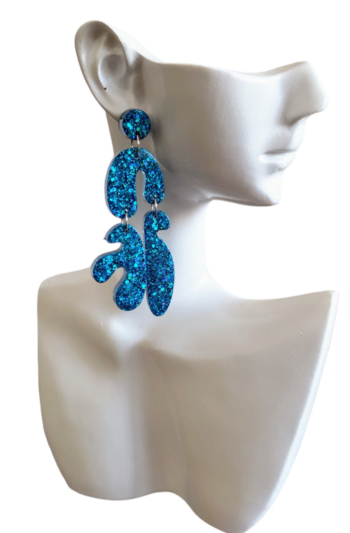 Unique Blue Multi Shape Dangle Drop Earrings, Blue Glitter, Statement Handmade Resin Earrings