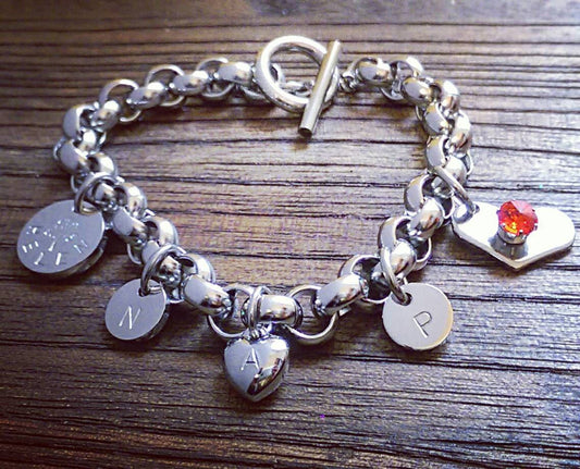 Stainless Steel Rolo Toggle Bracelet with Personalised Hand Stamped Charms and Birthstone Heart Charm.