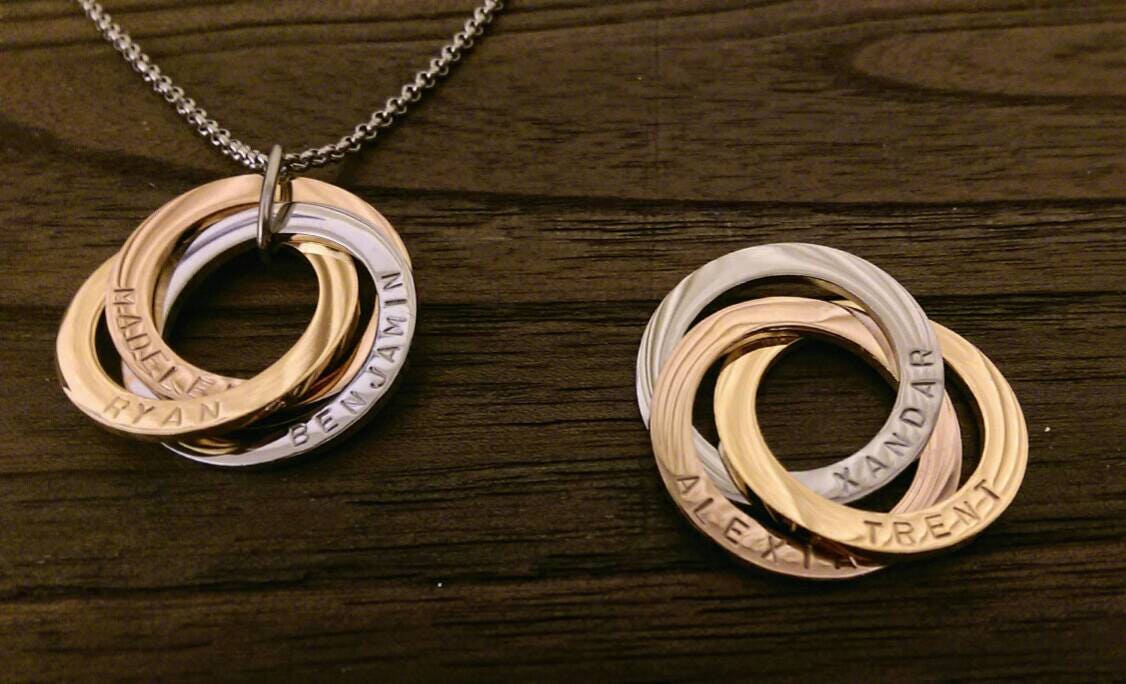 Personalised Circle Connecting Rings Necklace, Tripple Links, Childrens names Personalized Hand Stamped Gift, 25mm Rings