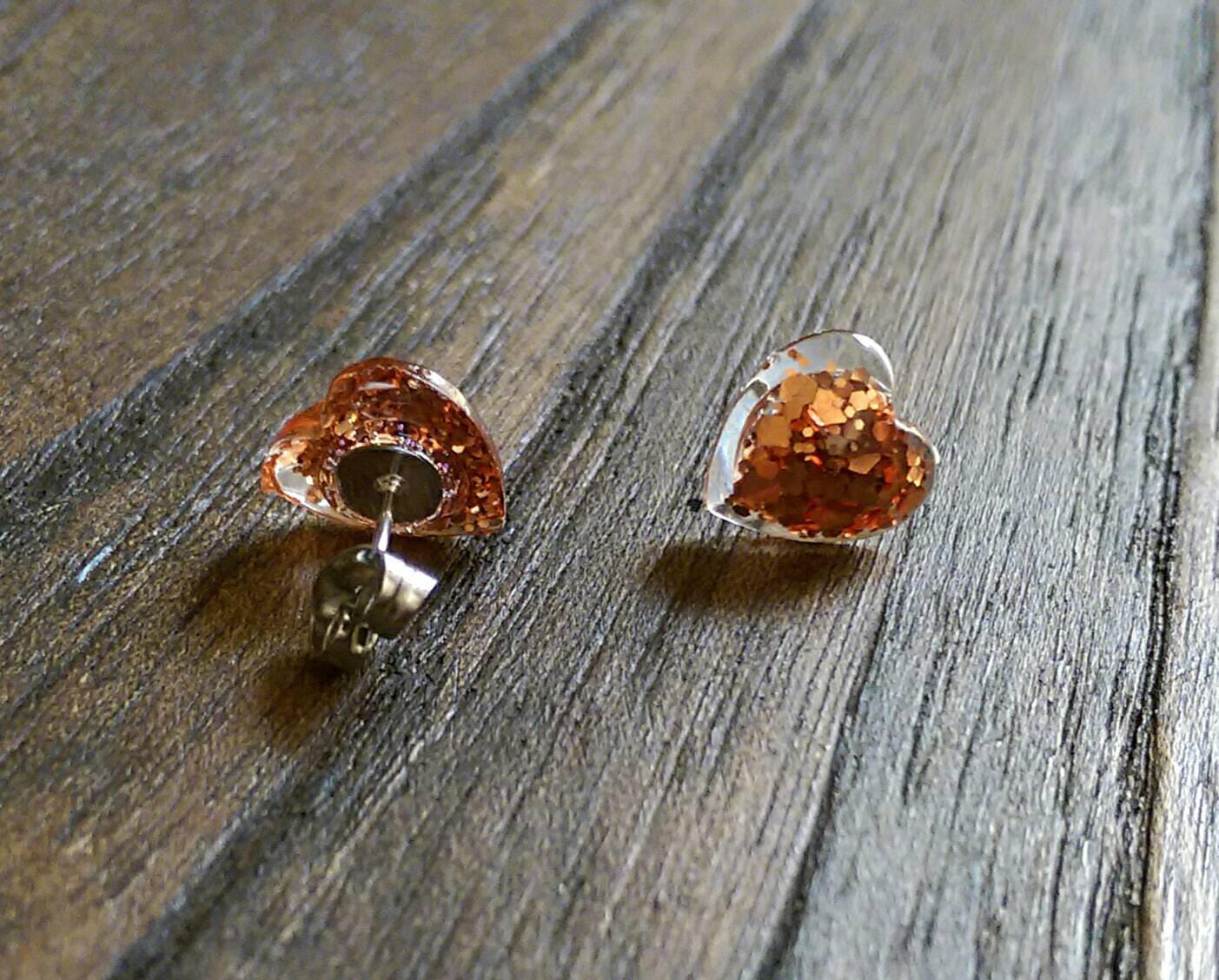 Heart Shaped Stud Earrings, Handmade resin mixed with glitter. Choose a colour