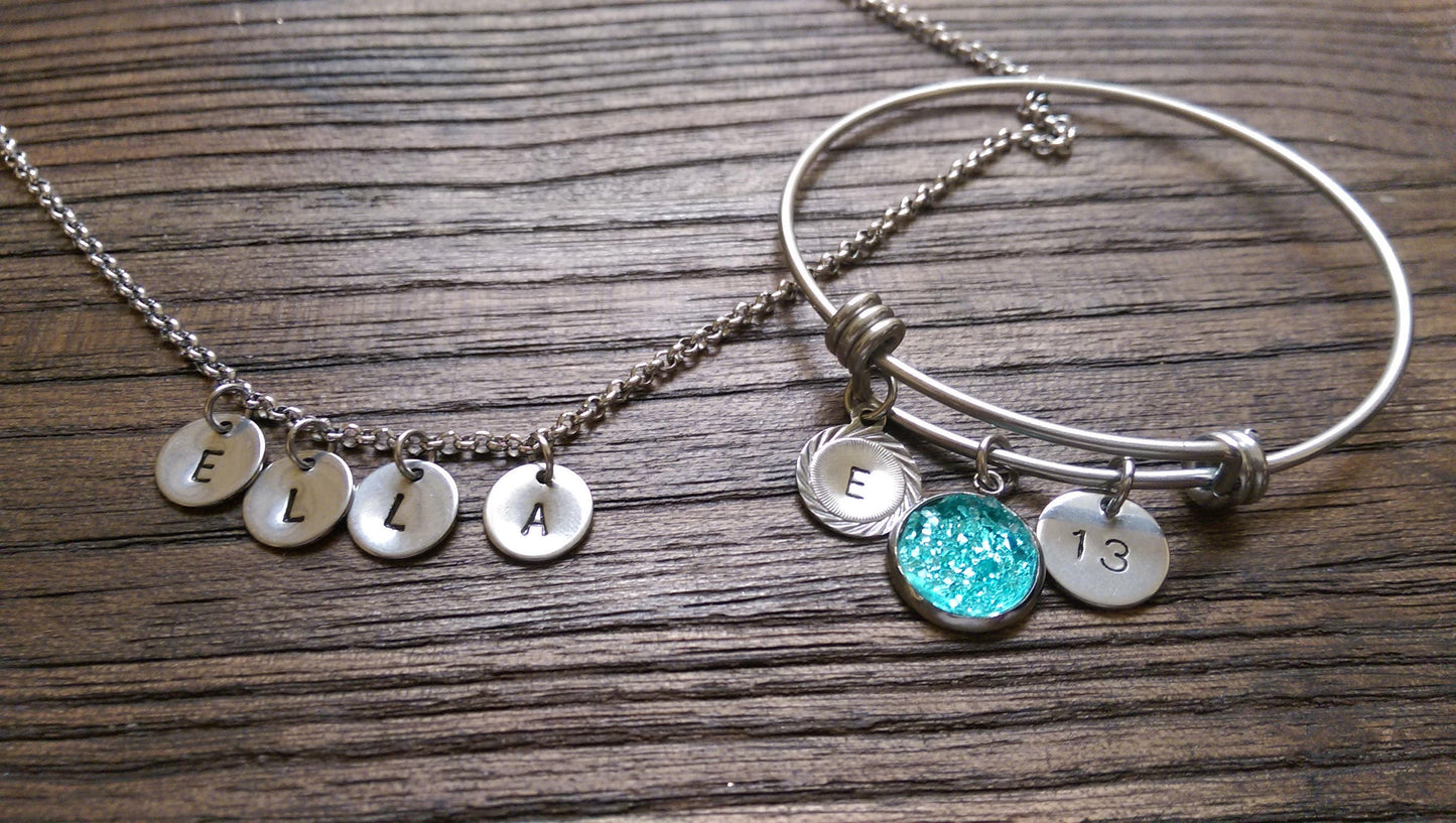 Stainless Steel Personalised Name Initial Small Disc Stamped Necklace, Minimalist Necklace