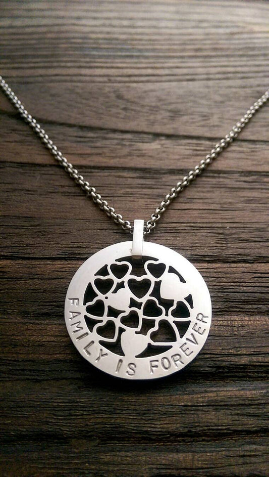 Hand Stamped Circle Necklace Multi Hearts  Design 30mm Silver Necklace "Family is Forever" Ready Made ready to post.