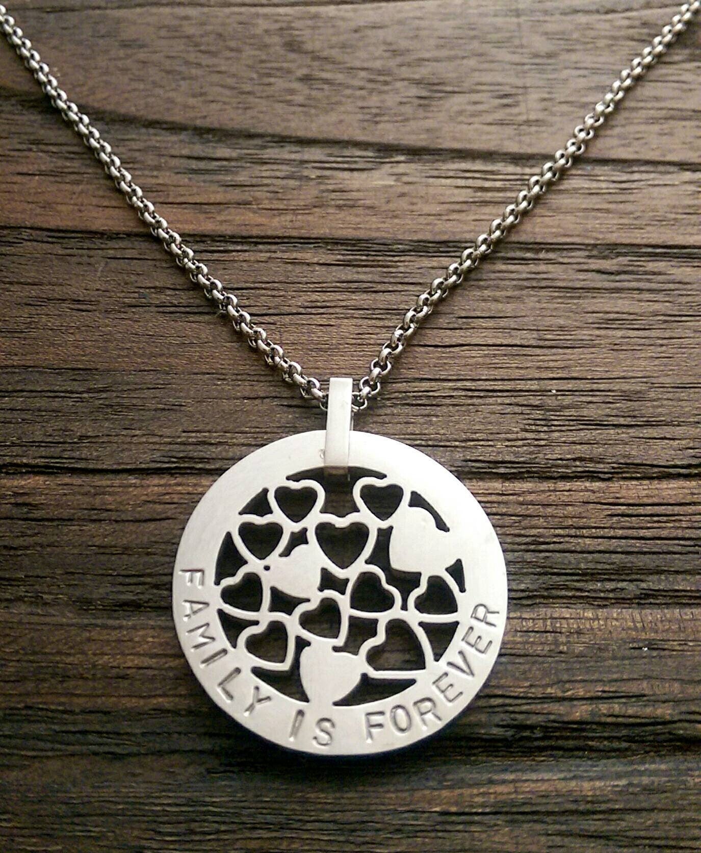 Hand Stamped Circle Necklace Multi Hearts  Design 30mm Silver Necklace "Family is Forever" Ready Made ready to post.