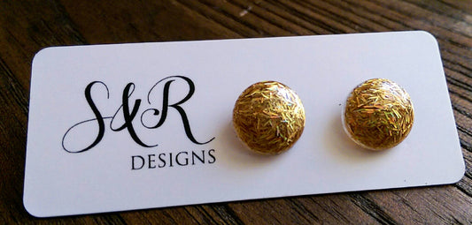 Gold Circle Stud Earrings, Gold Holographic Glitter Resin Earrings, Stainless Steel Stud Earrings. 12mm