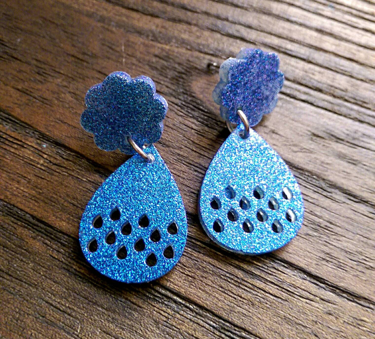 Teardrop Earrings, Cloud and droplet Statement Earrings,  Purple and Blue Shimmer Glitter Earrings, Stainless Steel Earrings