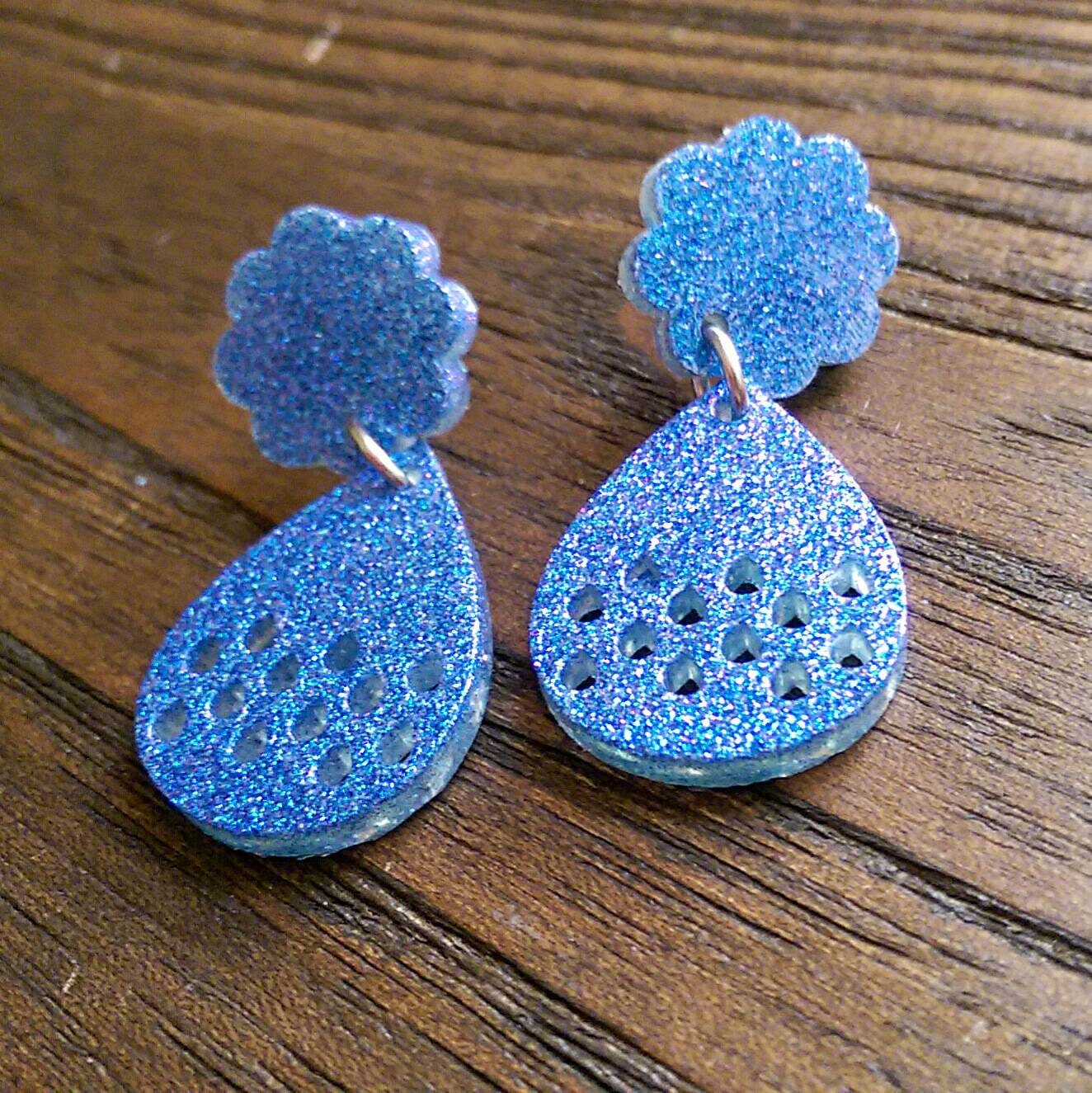 Teardrop Earrings, Cloud and droplet Statement Earrings,  Purple and Blue Shimmer Glitter Earrings, Stainless Steel Earrings