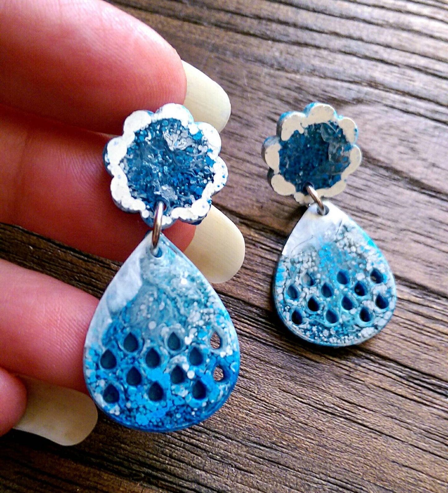Teardrops Long Resin Dangles, Cloud Earrings, White and Blue Waterfall Colour Earrings, Stainless Steel Earrings