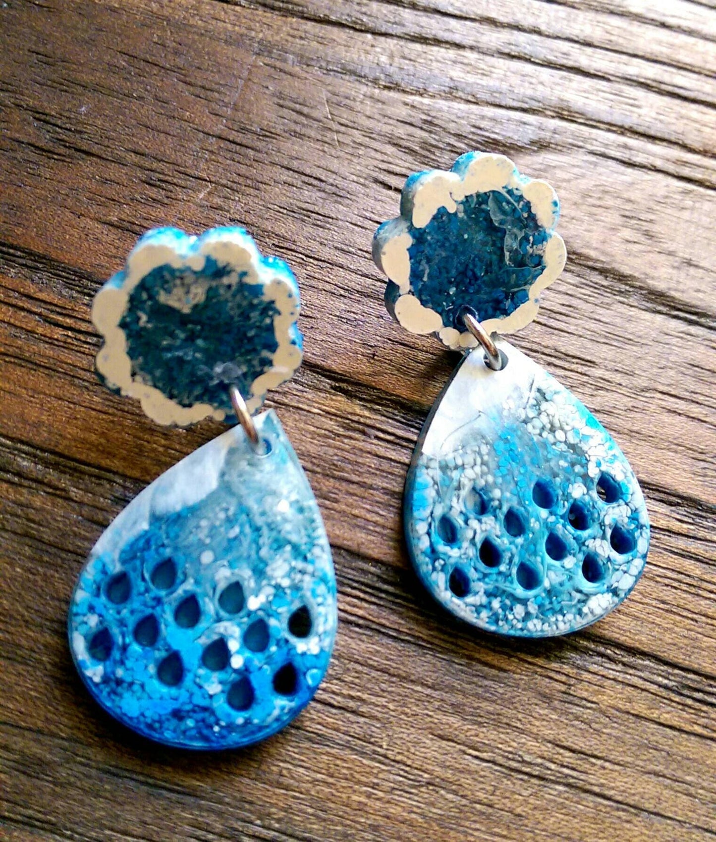 Teardrops Long Resin Dangles, Cloud Earrings, White and Blue Waterfall Colour Earrings, Stainless Steel Earrings