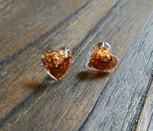 Heart Shaped Stud Earrings, Handmade resin mixed with glitter. Choose a colour