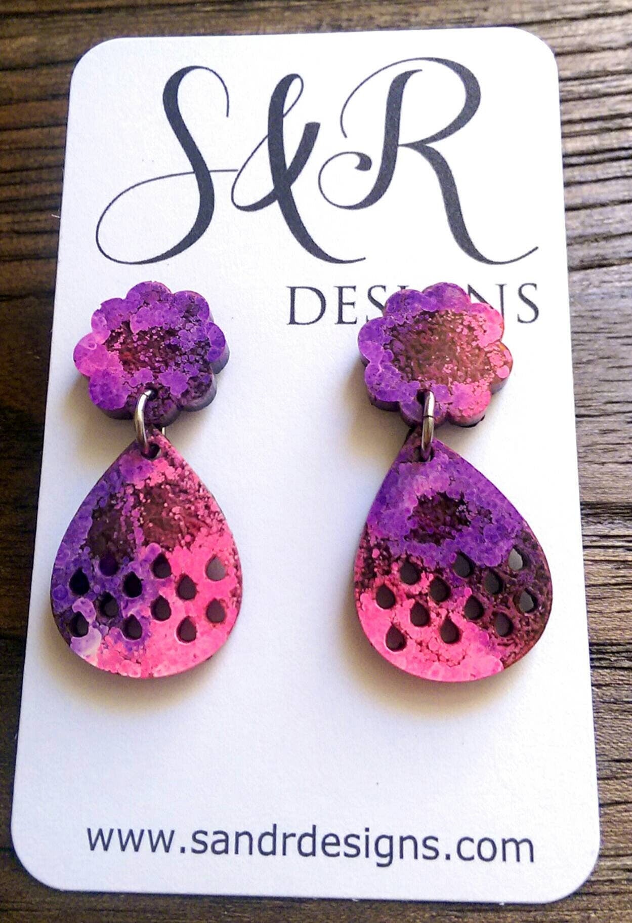 Teardrop Earrings, Resin Earrings, Pink and Purple Mix Colour Earrings, Stainless Steel Earrings