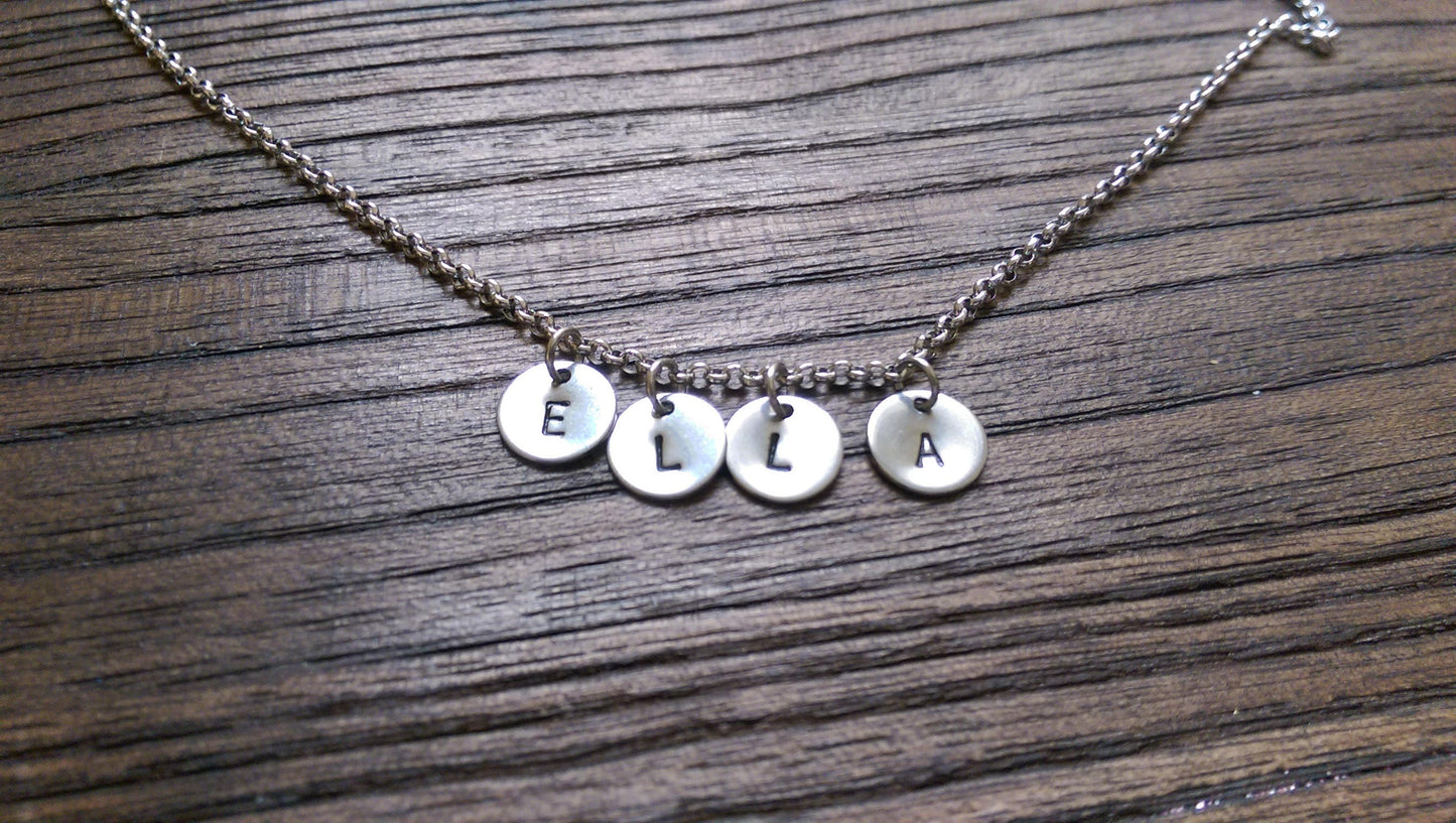 Stainless Steel Personalised Name Initial Small Disc Stamped Necklace, Minimalist Necklace