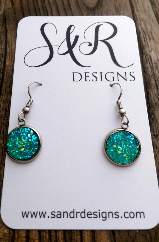 Green AB Sparkly Faux Druzy Dangle Earrings made of Stainless Steel