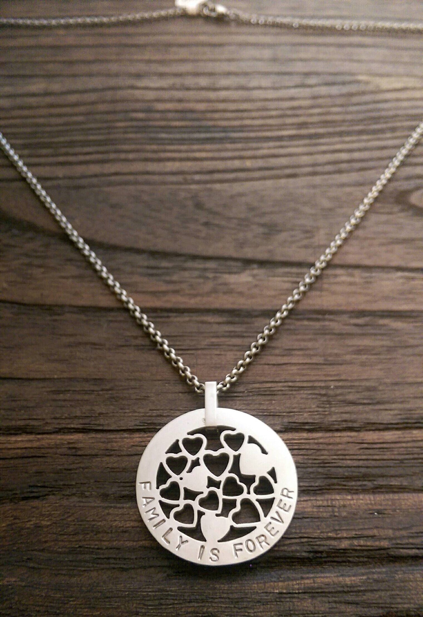 Hand Stamped Circle Necklace Multi Hearts  Design 30mm Silver Necklace "Family is Forever" Ready Made ready to post.
