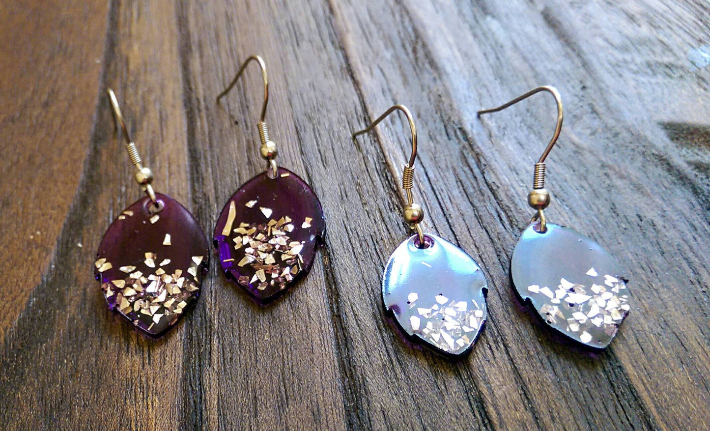 Purple Leaves Resin Long Earrings with Silver Glass Glitter choose size