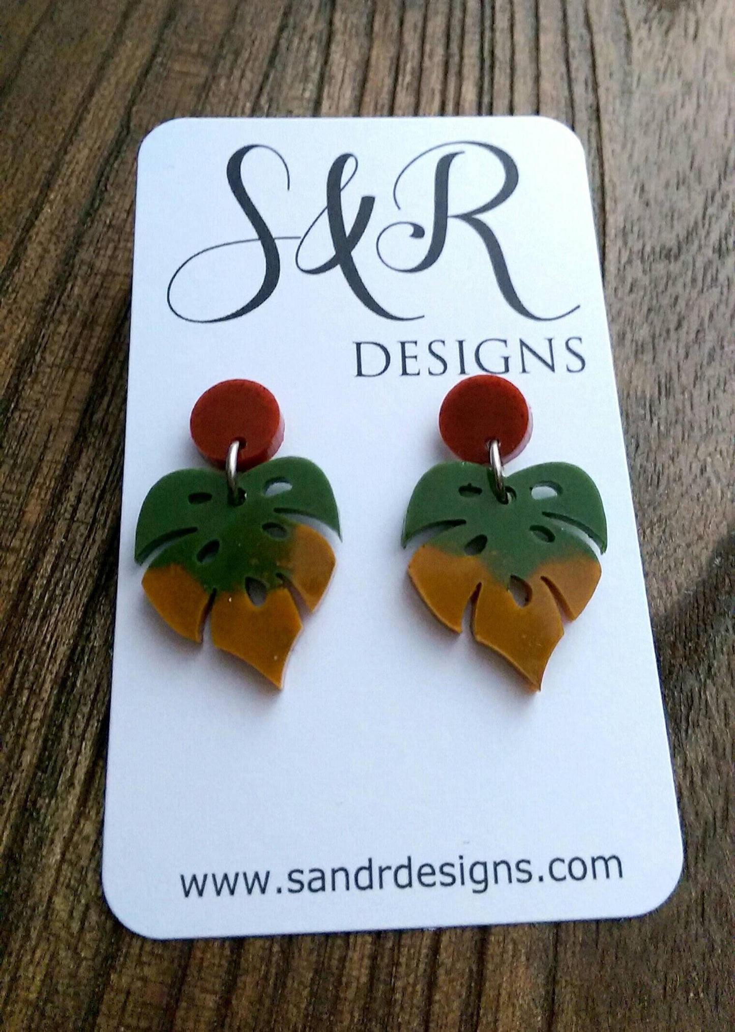 Monstera Leaf Resin Earrings, Green Rusty Red Mustard Resin Earrings, Autumn Leaf Colours, Stainless Steel Earrings, Statement Leaf Earrings