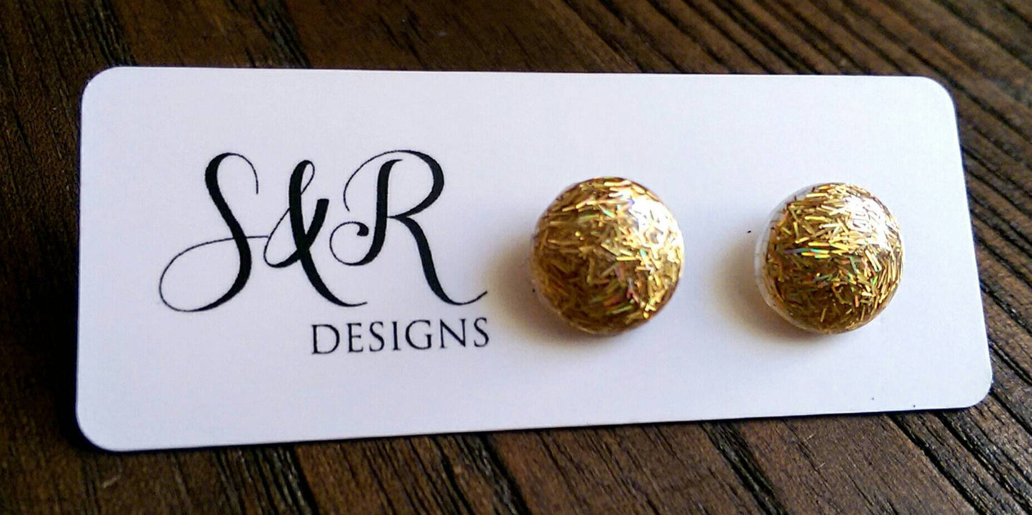 Gold Circle Stud Earrings, Gold Holographic Glitter Resin Earrings, Stainless Steel Stud Earrings. 12mm