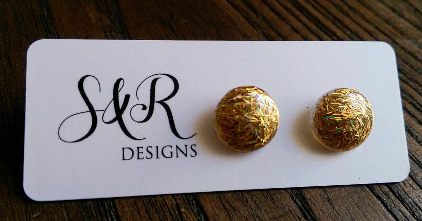 Gold Circle Stud Earrings, Gold Holographic Glitter Resin Earrings, Stainless Steel Stud Earrings. 12mm