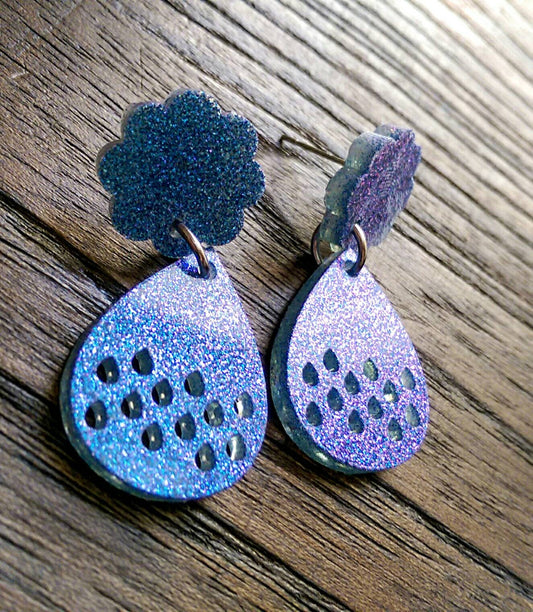 Teardrop Earrings, Cloud and droplet Statement Earrings,  Purple and Blue Shimmer Glitter Earrings, Stainless Steel Earrings