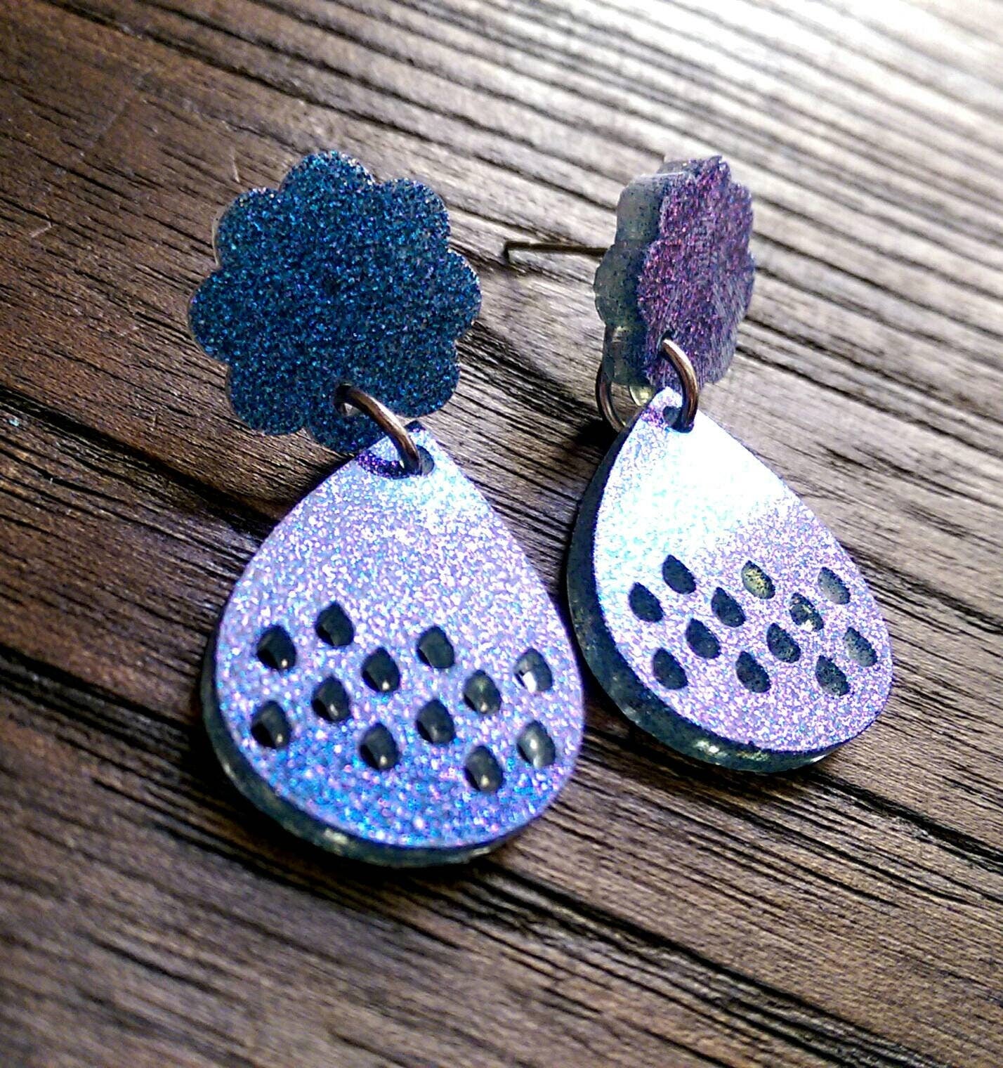 Teardrop Earrings, Cloud and droplet Statement Earrings,  Purple and Blue Shimmer Glitter Earrings, Stainless Steel Earrings