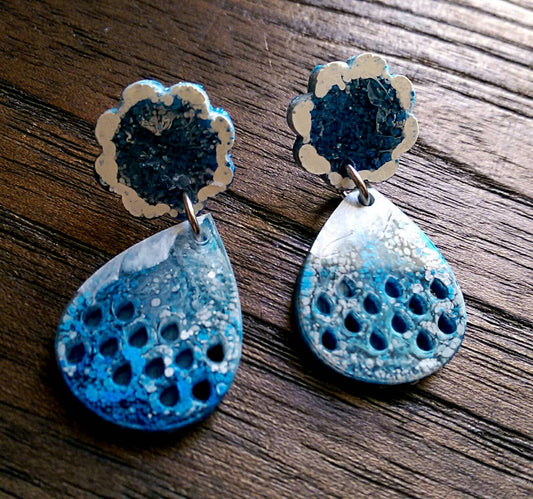 Teardrops Long Resin Dangles, Cloud Earrings, White and Blue Waterfall Colour Earrings, Stainless Steel Earrings
