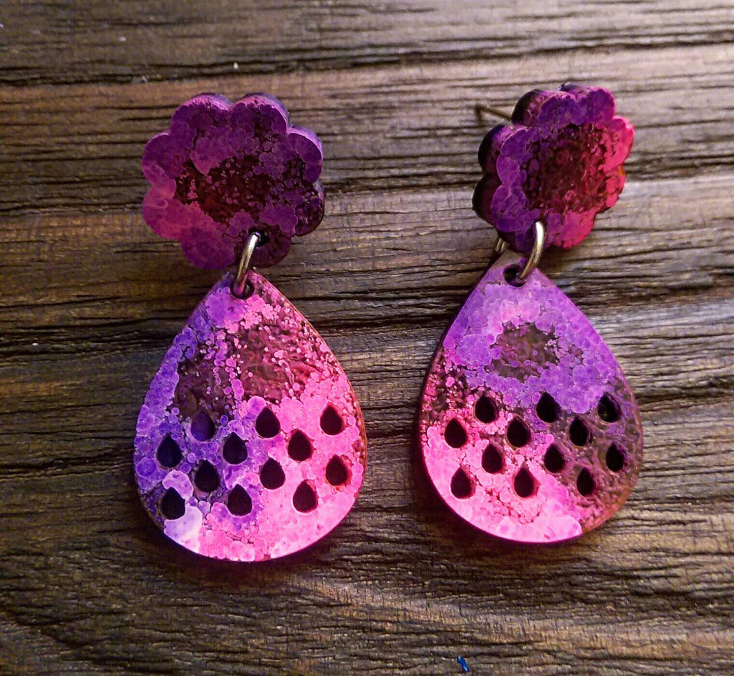 Teardrop Earrings, Resin Earrings, Pink and Purple Mix Colour Earrings, Stainless Steel Earrings
