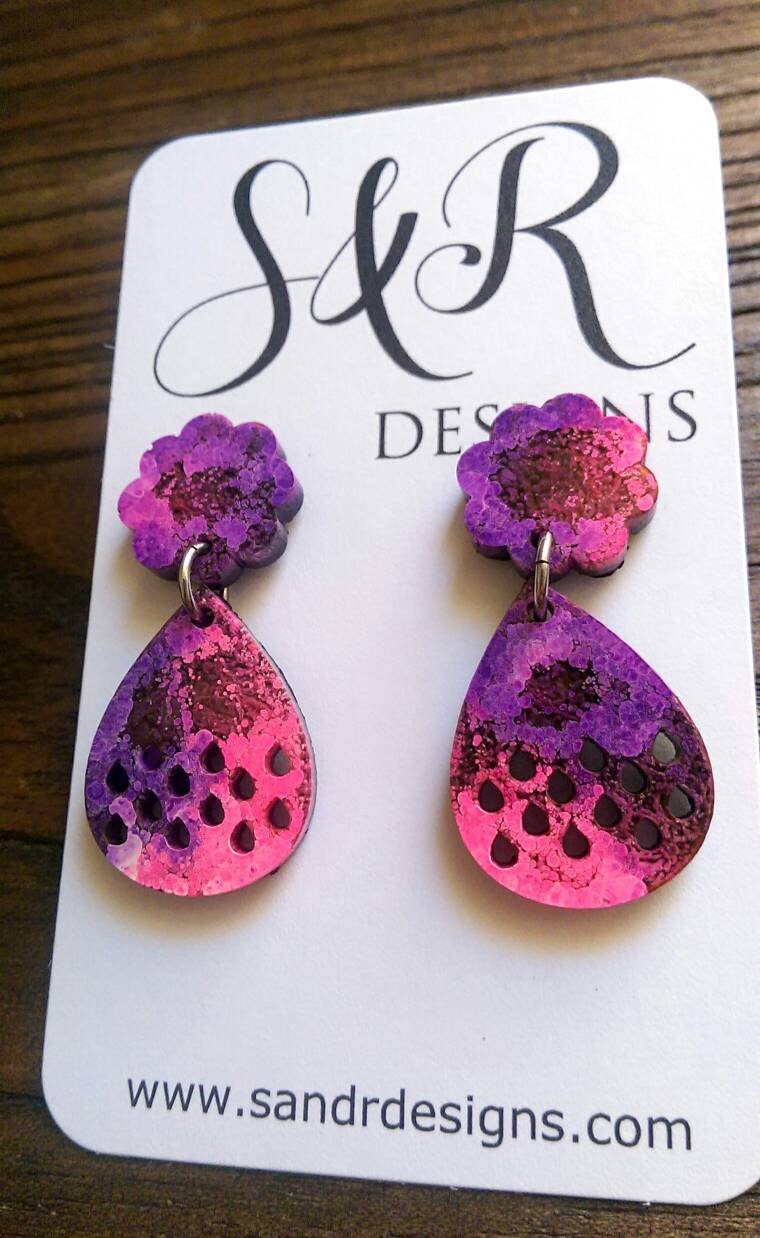 Teardrop Earrings, Resin Earrings, Pink and Purple Mix Colour Earrings, Stainless Steel Earrings