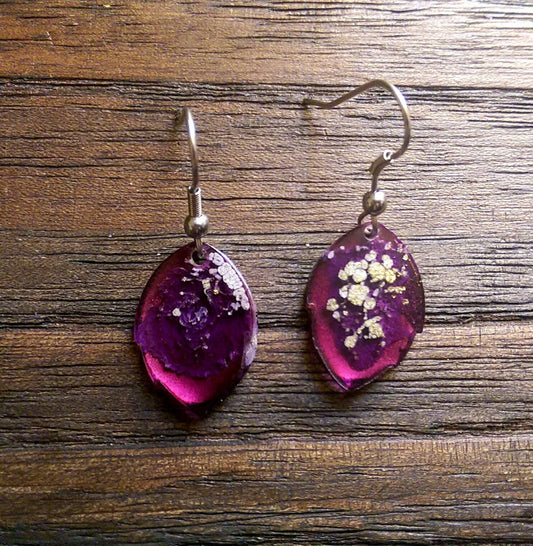 Leaf Resin Dangle Earrings, Leaves Purple Gold Earrings, Stainless Steel Hooks