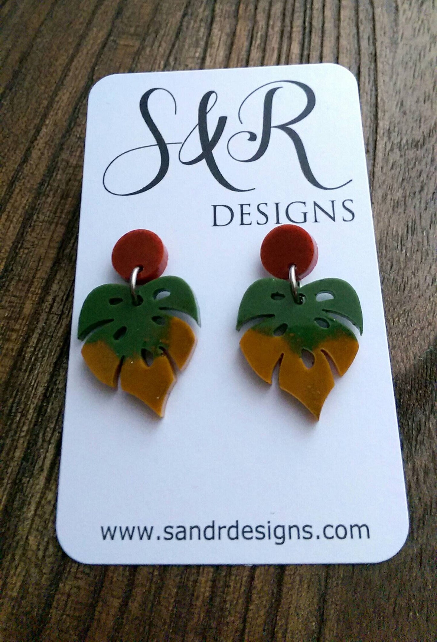 Monstera Leaf Resin Earrings, Green Rusty Red Mustard Resin Earrings, Autumn Leaf Colours, Stainless Steel Earrings, Statement Leaf Earrings